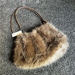 Faux Fur Handbag with Brown Handles